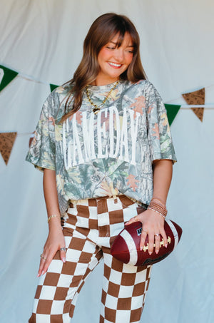 Gameday Vintage Wood Camo Heavy Tee detail view by Southern Bliss Company