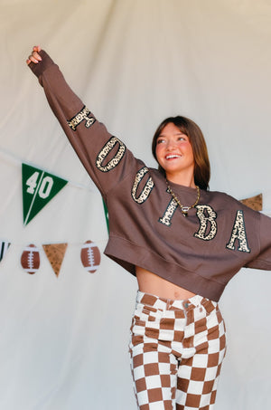 Football Leopard Mocha Crop Sweatshirt detail view by Southern Bliss Company