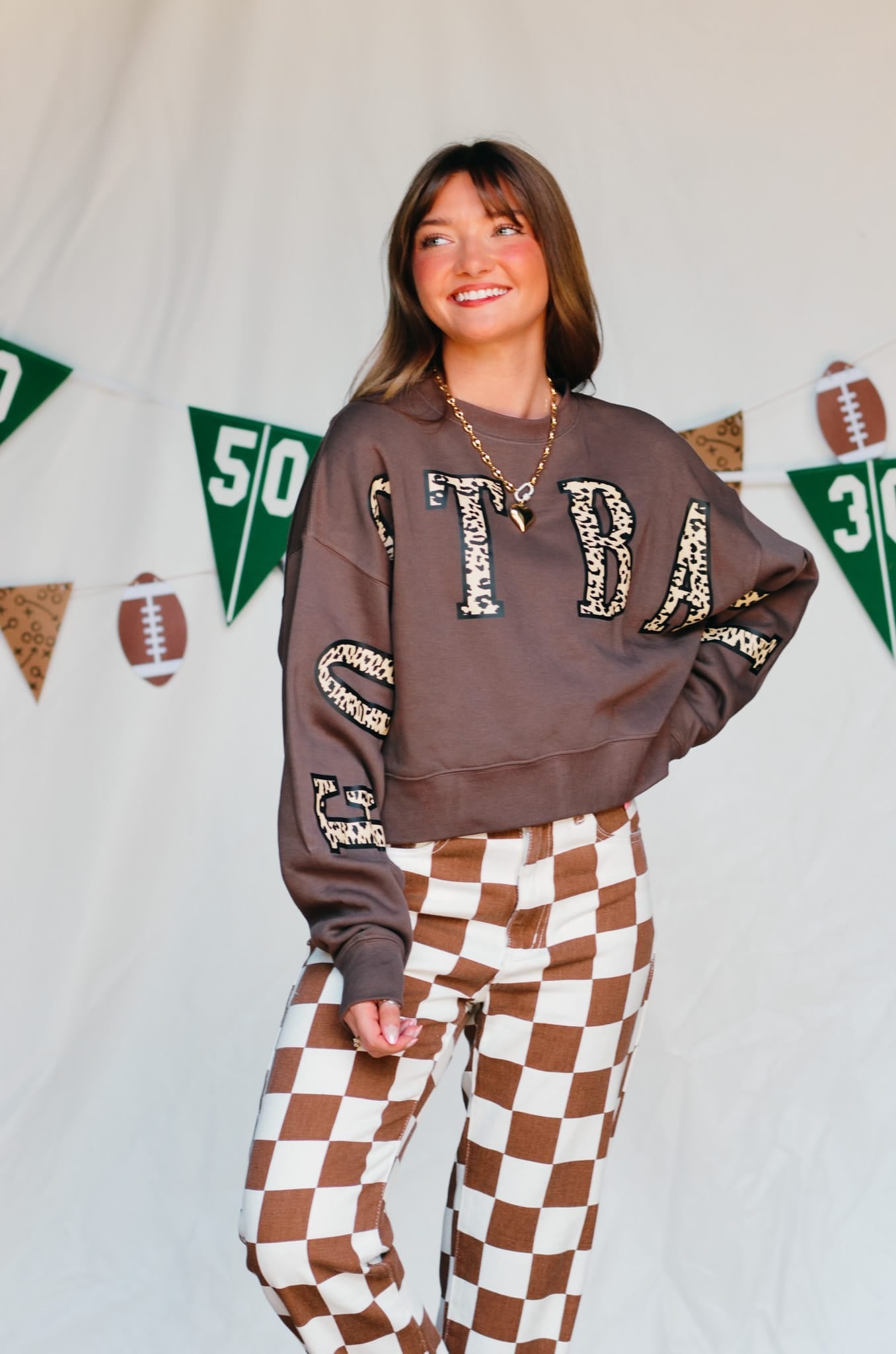 Football Leopard Mocha Crop Sweatshirt detail view by Southern Bliss Company
