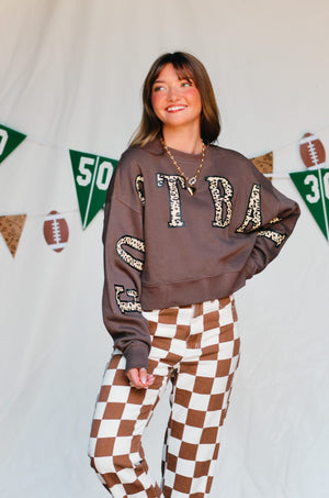 Football Leopard Mocha Crop Sweatshirt detail view by Southern Bliss Company