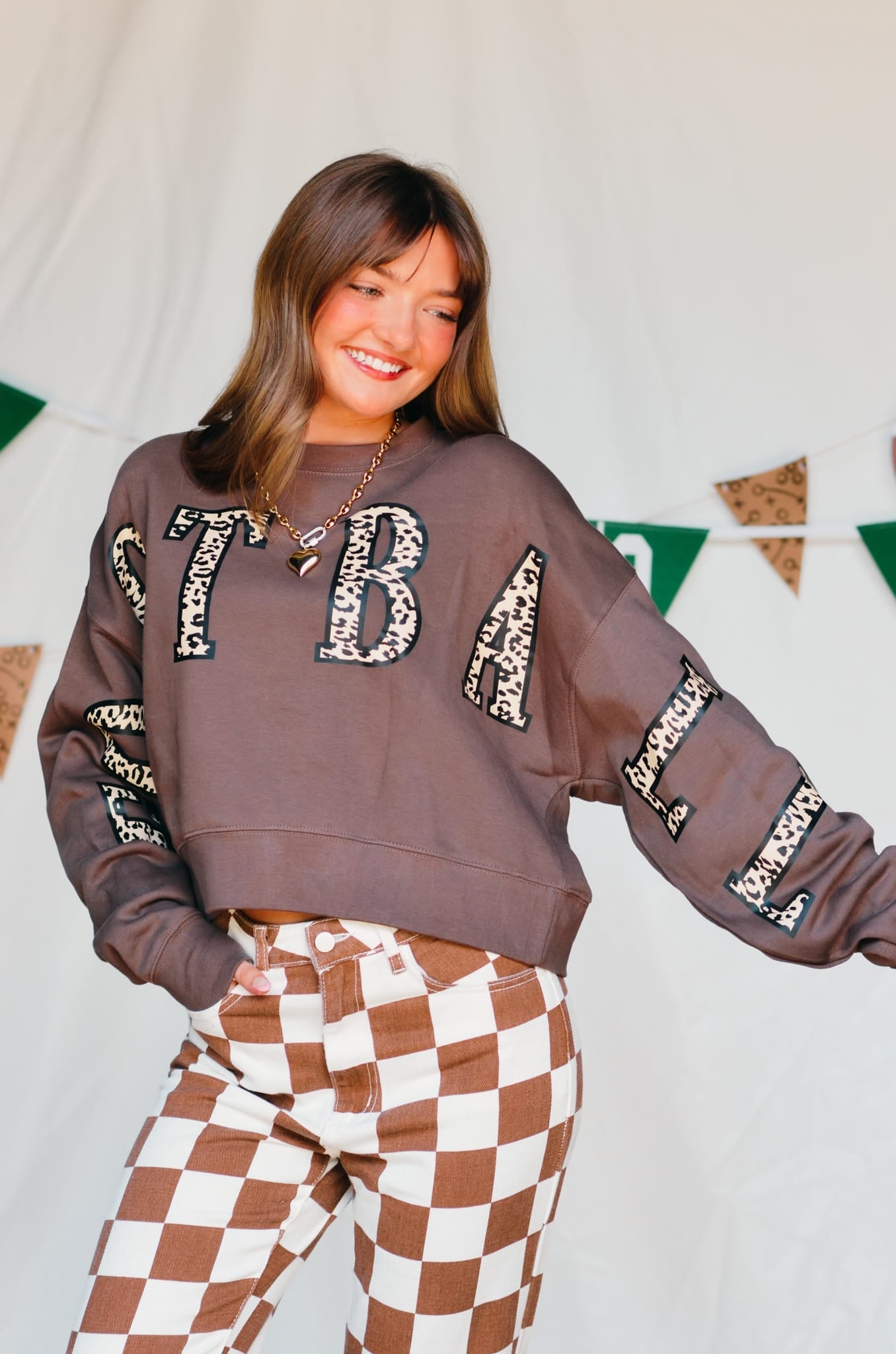 Football Leopard Mocha Crop Sweatshirt detail view by Southern Bliss Company
