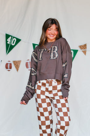 Football Leopard Mocha Crop Sweatshirt detail view by Southern Bliss Company