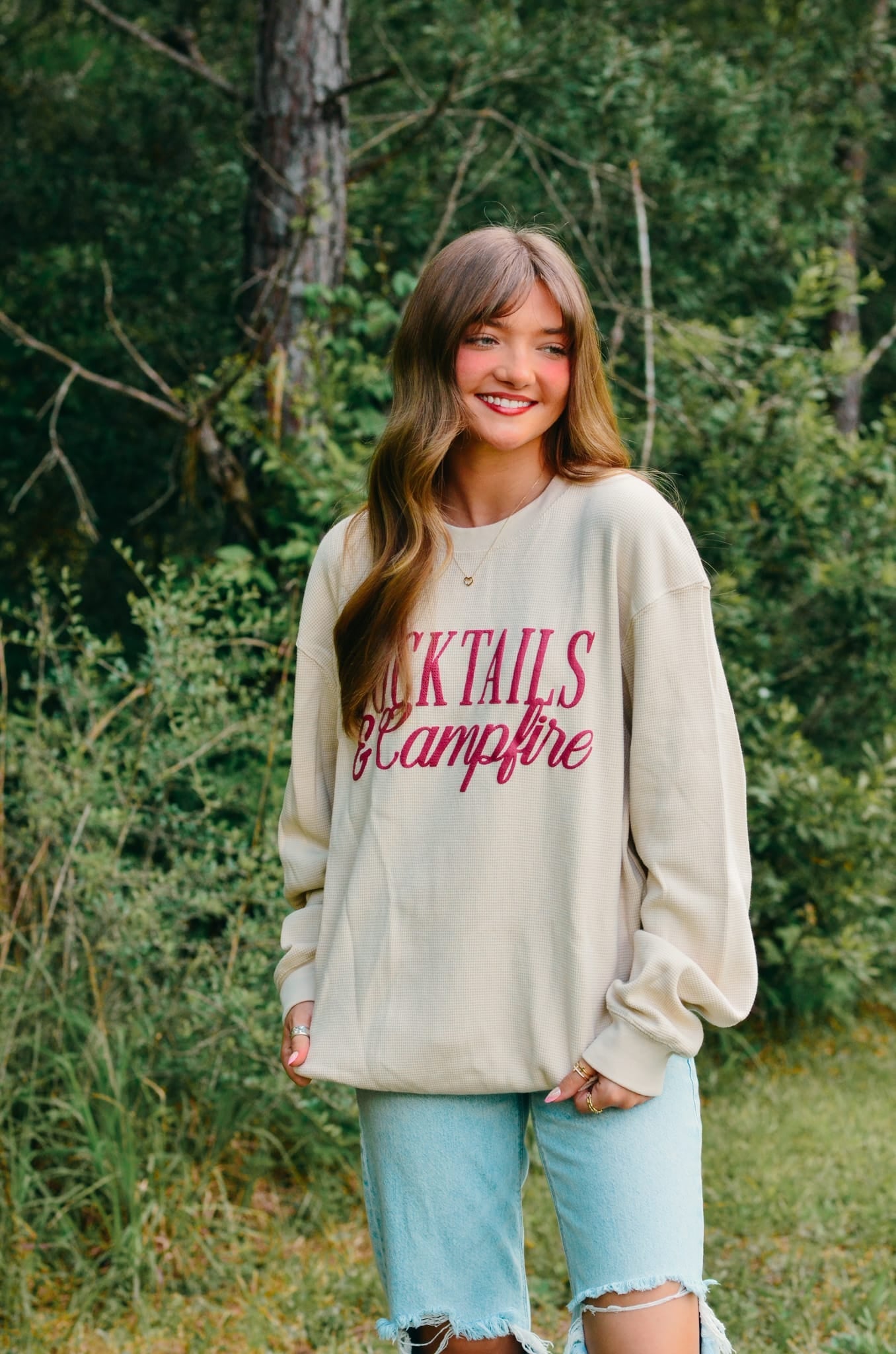 Cocktails & Campfires Waffle Long Sleeve detail view by Southern Bliss Company