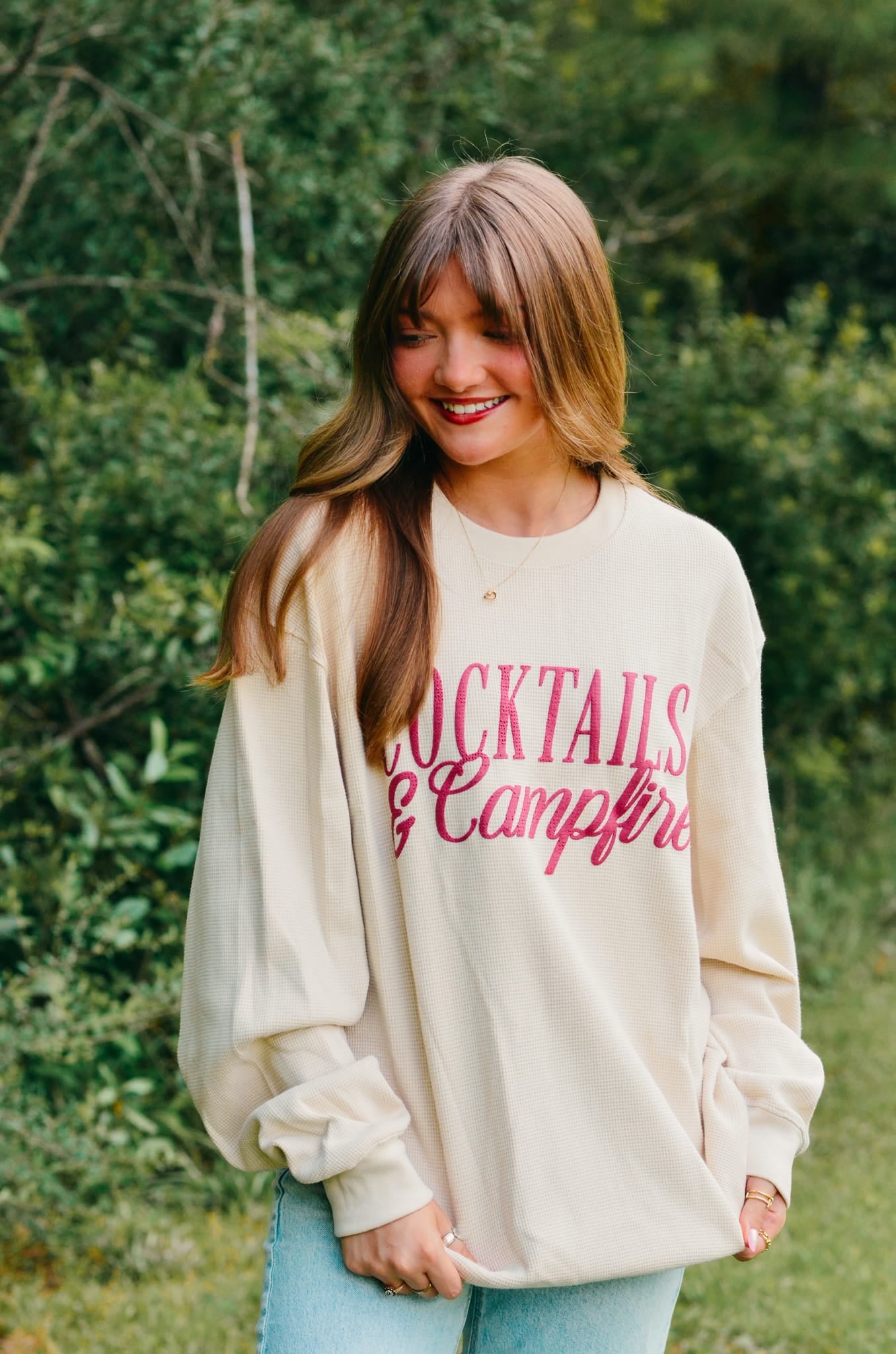Cocktails & Campfires Waffle Long Sleeve detail view by Southern Bliss Company