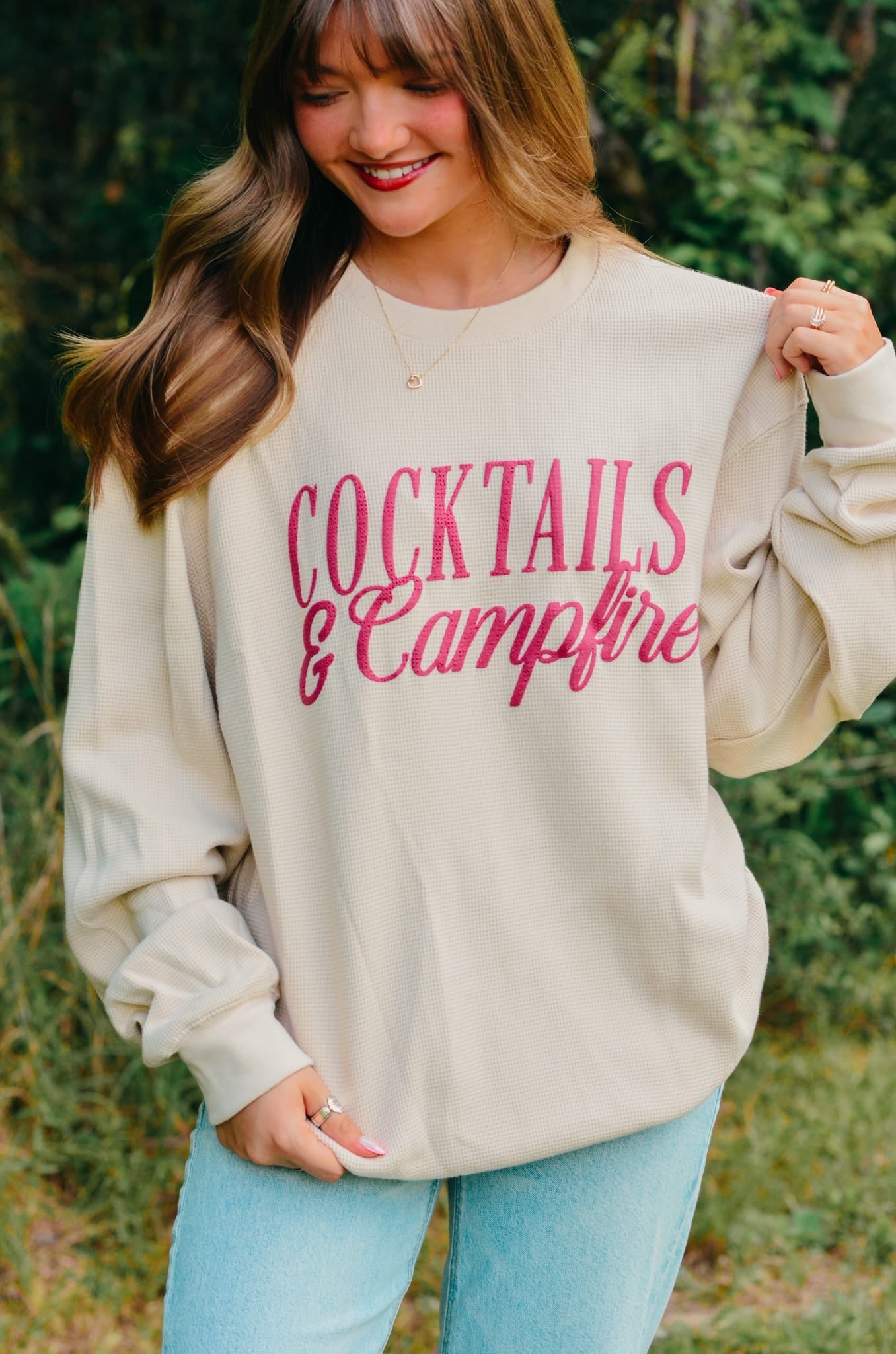 Cocktails & Campfires Waffle Long Sleeve detail view by Southern Bliss Company