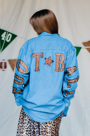 Football Leopard Denim Shirt detail view by Southern Bliss Company