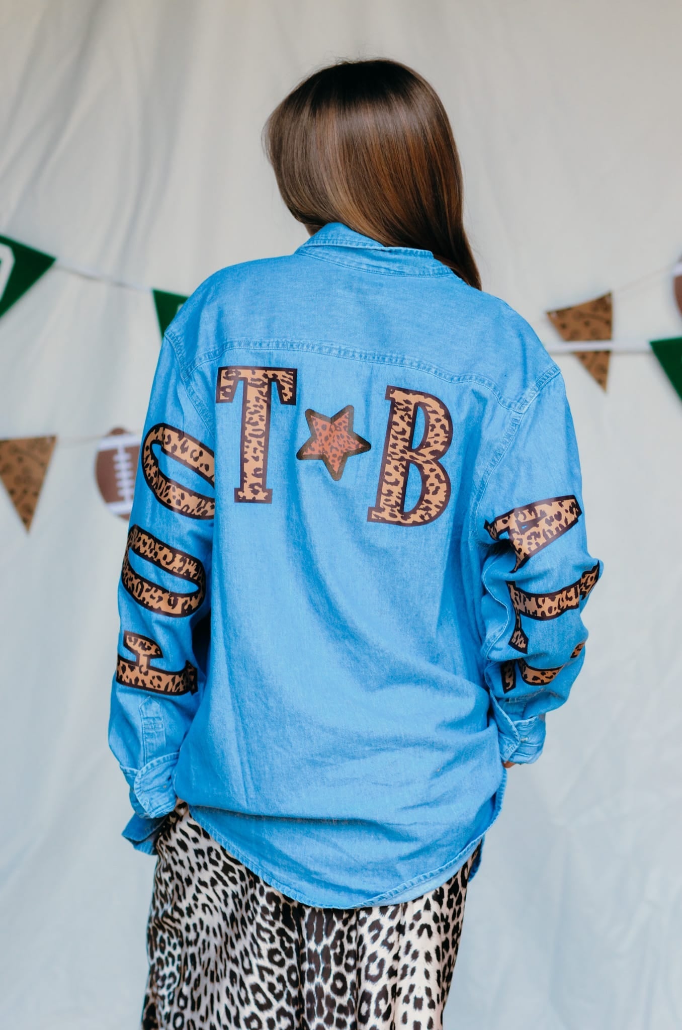 Football Leopard Denim Shirt detail view by Southern Bliss Company