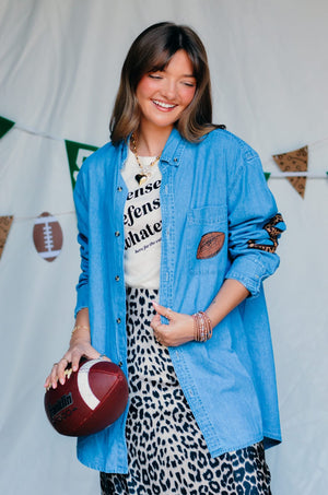 Football Leopard Denim Shirt detail view by Southern Bliss Company