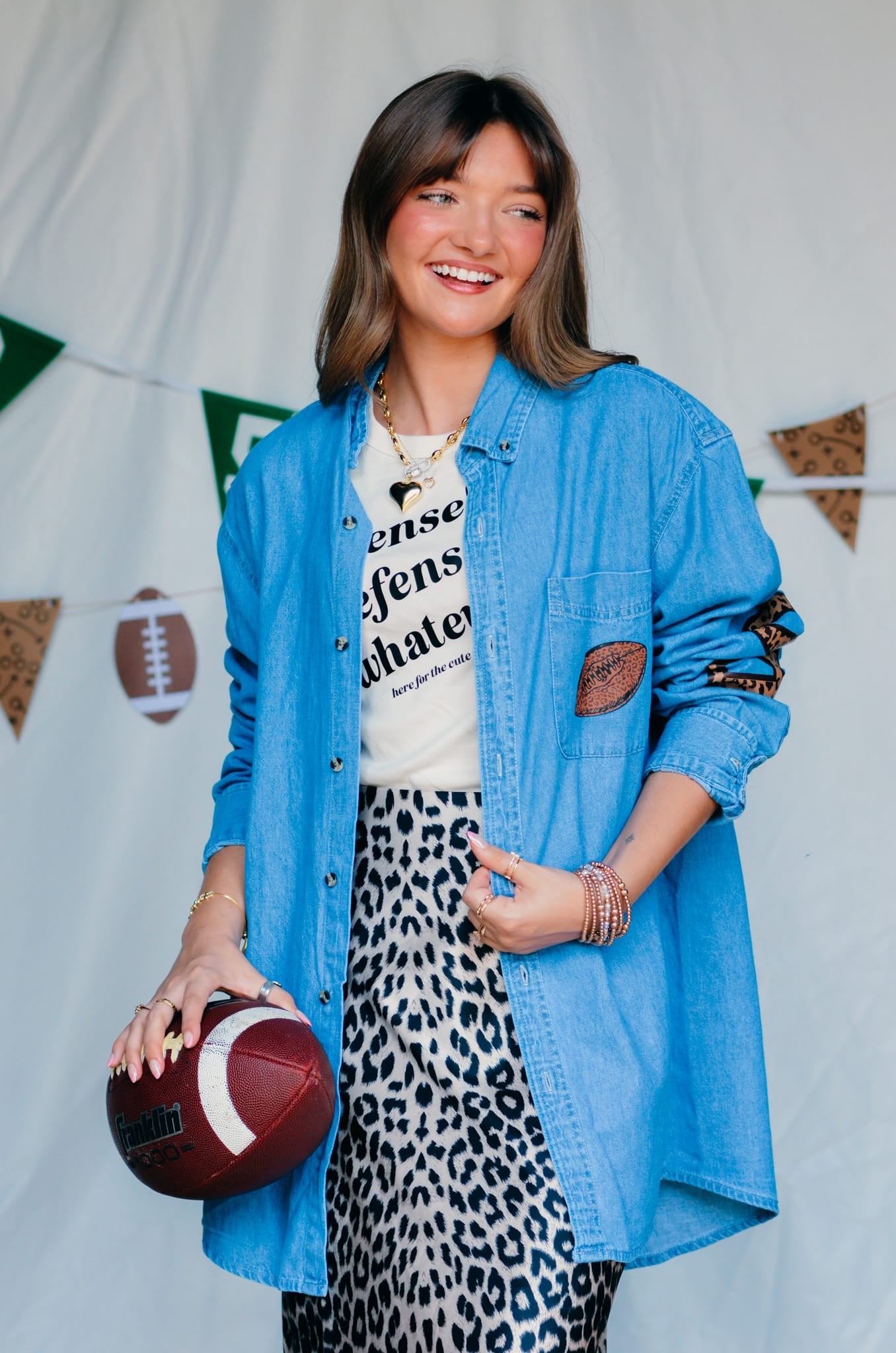 Football Leopard Denim Shirt detail view by Southern Bliss Company