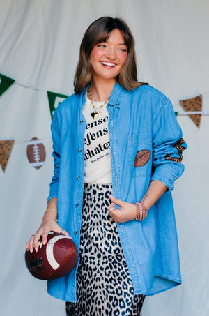 Football Leopard Denim Shirt detail view by Southern Bliss Company