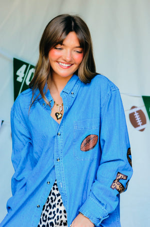 Football Leopard Denim Shirt detail view by Southern Bliss Company