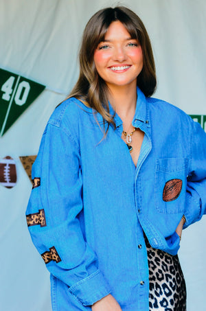 Football Leopard Denim Shirt detail view by Southern Bliss Company