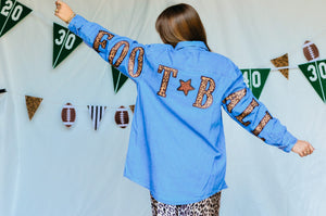 Football Leopard Denim Shirt detail view by Southern Bliss Company