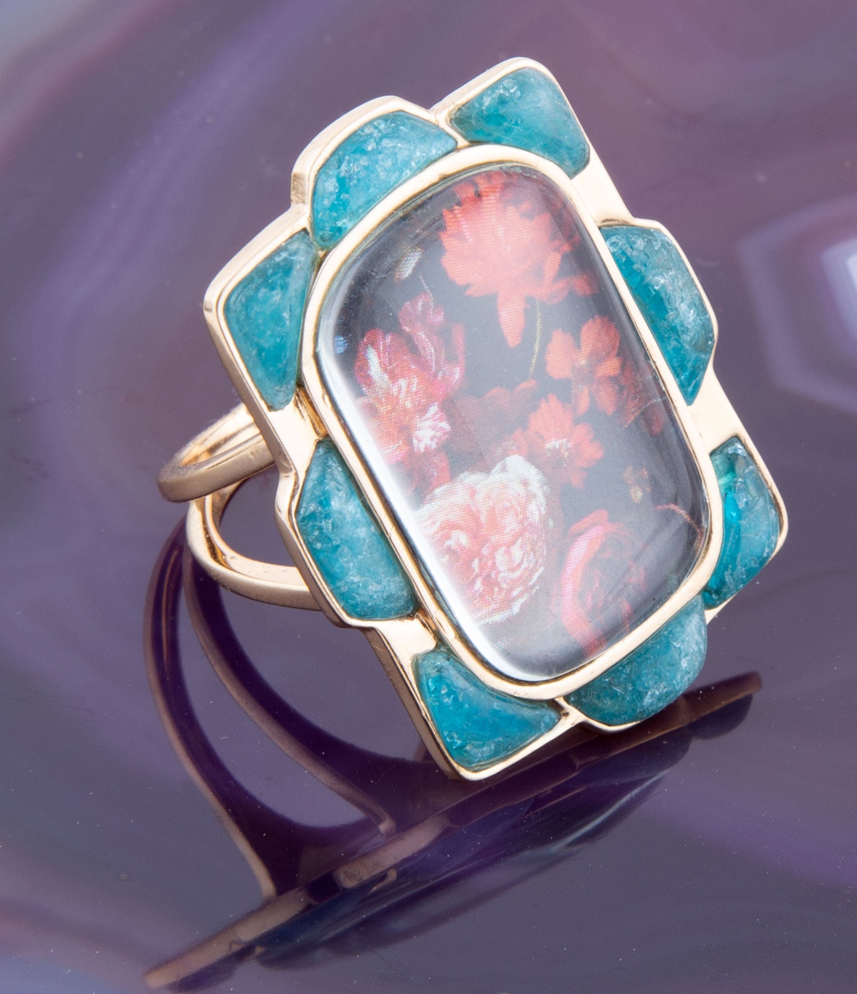 Scenic Red Florals Blue Apatite Golden Statement Ring detail view by Barse Jewelry