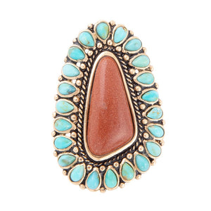 Sedona Blue Turquoise Orange Goldstone Golden Statement Ring detail view by Barse Jewelry