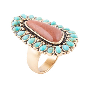 Sedona Blue Turquoise Orange Goldstone Golden Statement Ring by Barse Jewelry