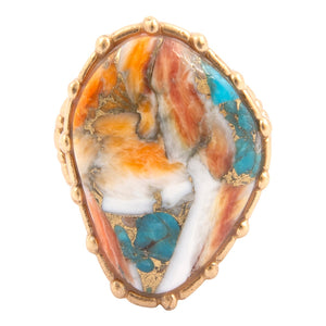 Modern Edge Turquoise and Spiny Oyster Shell Matrix Stone Golden Ring detail view by Barse Jewelry