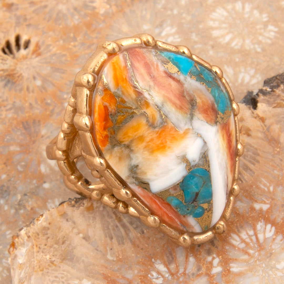 Modern Edge Turquoise and Spiny Oyster Shell Matrix Stone Golden Ring detail view by Barse Jewelry