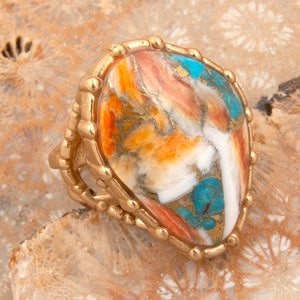 Modern Edge Turquoise and Spiny Oyster Shell Matrix Stone Golden Ring detail view by Barse Jewelry