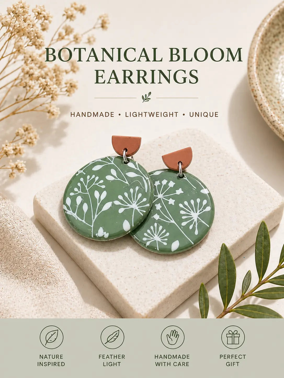 The Tween Space Sage Wildflower Earrings — Handcrafted by Nora by The Tween Space, handmade jewelry main product photo