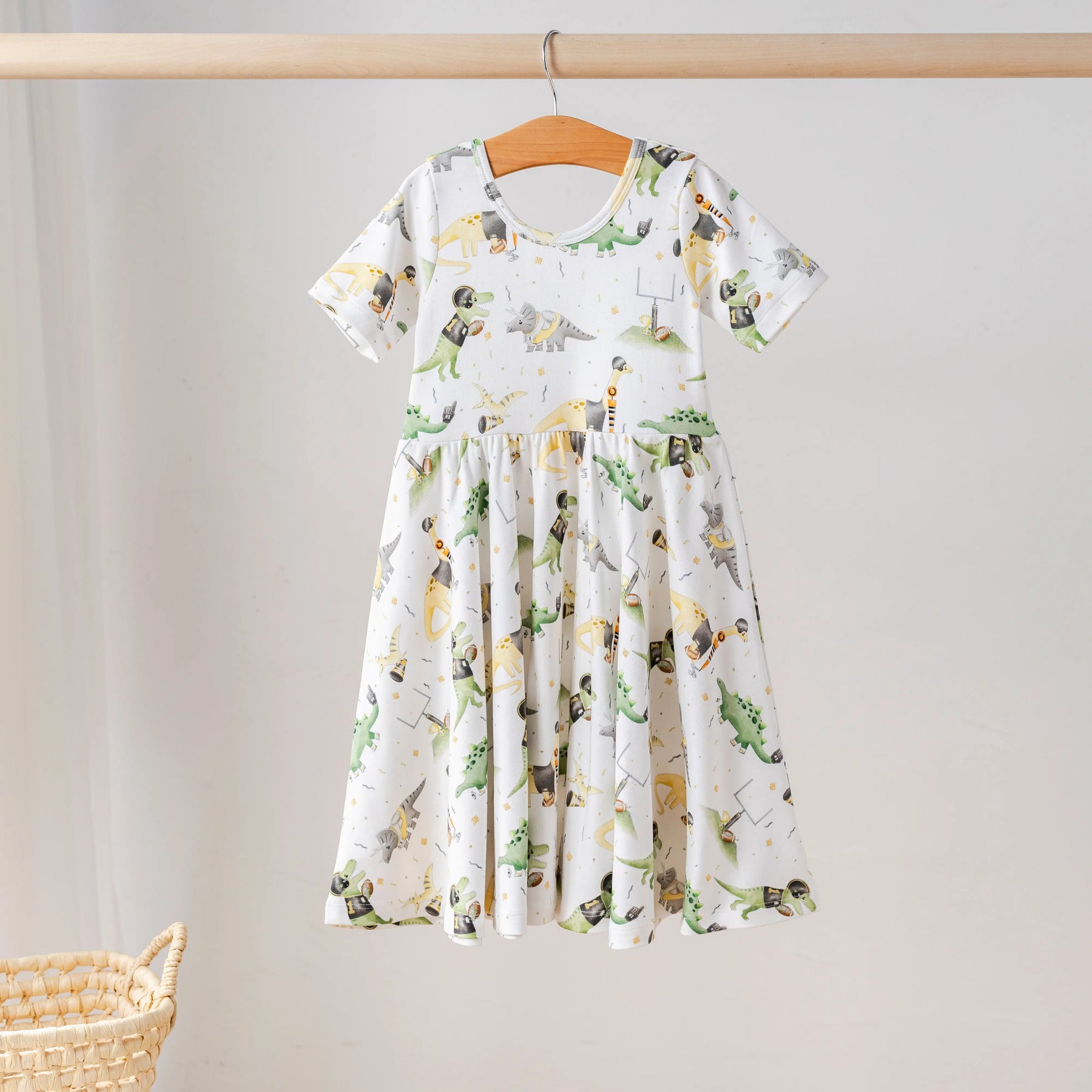 Saints Dino All-Stars Organic Cotton Dress for Kids by Nola Tawk, Southern lifestyle apparel main product photo