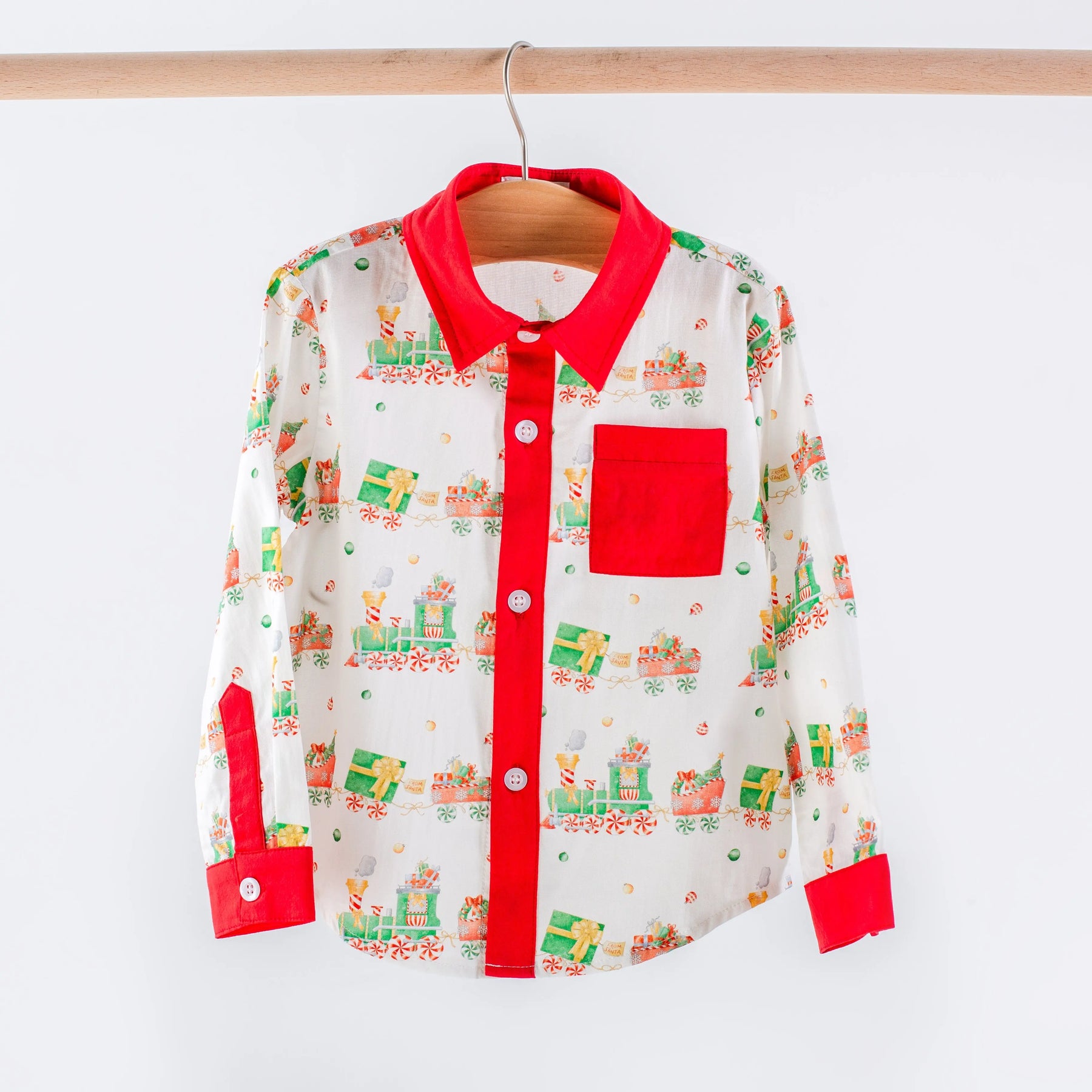 Santa's Sweet Express Long Sleeve Collared Shirt by Nola Tawk, Southern lifestyle apparel main product photo