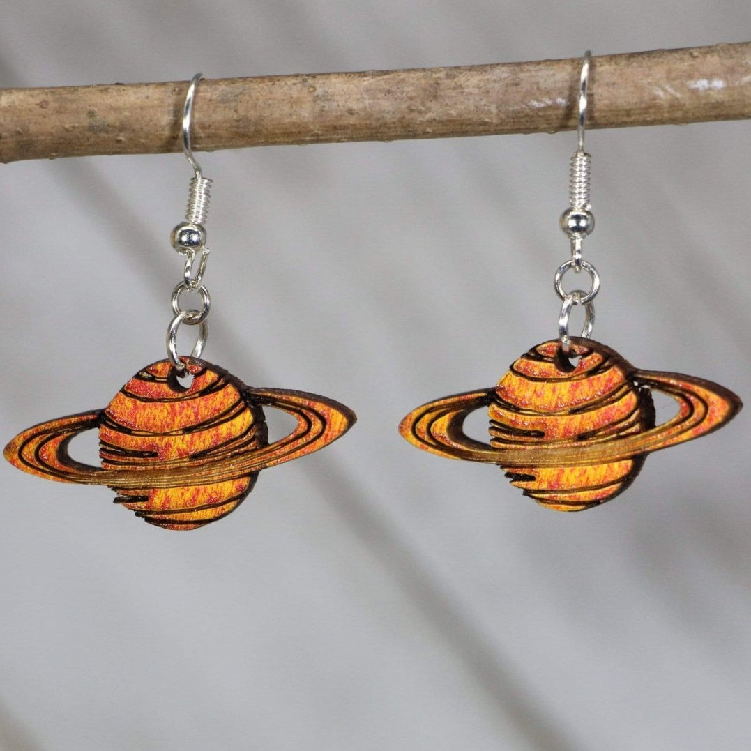 Saturn Planet Wooden Dangle Earrings | Space Jewelry detail view by Cate's Concepts, LLC