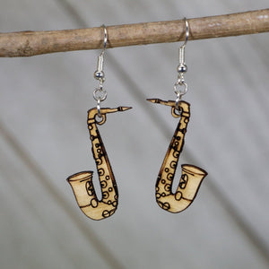 Saxophone Wooden Dangle Earrings | Band Instrument Jewelry detail view by Cate's Concepts, LLC
