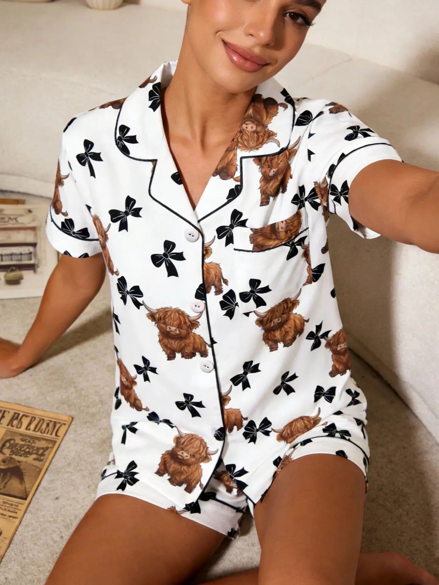 Highland Cow & Black Bow Women's Pajama Set — Short Sleeve Top & Shorts by The Mississippi Mermaid Mercantile - view 6