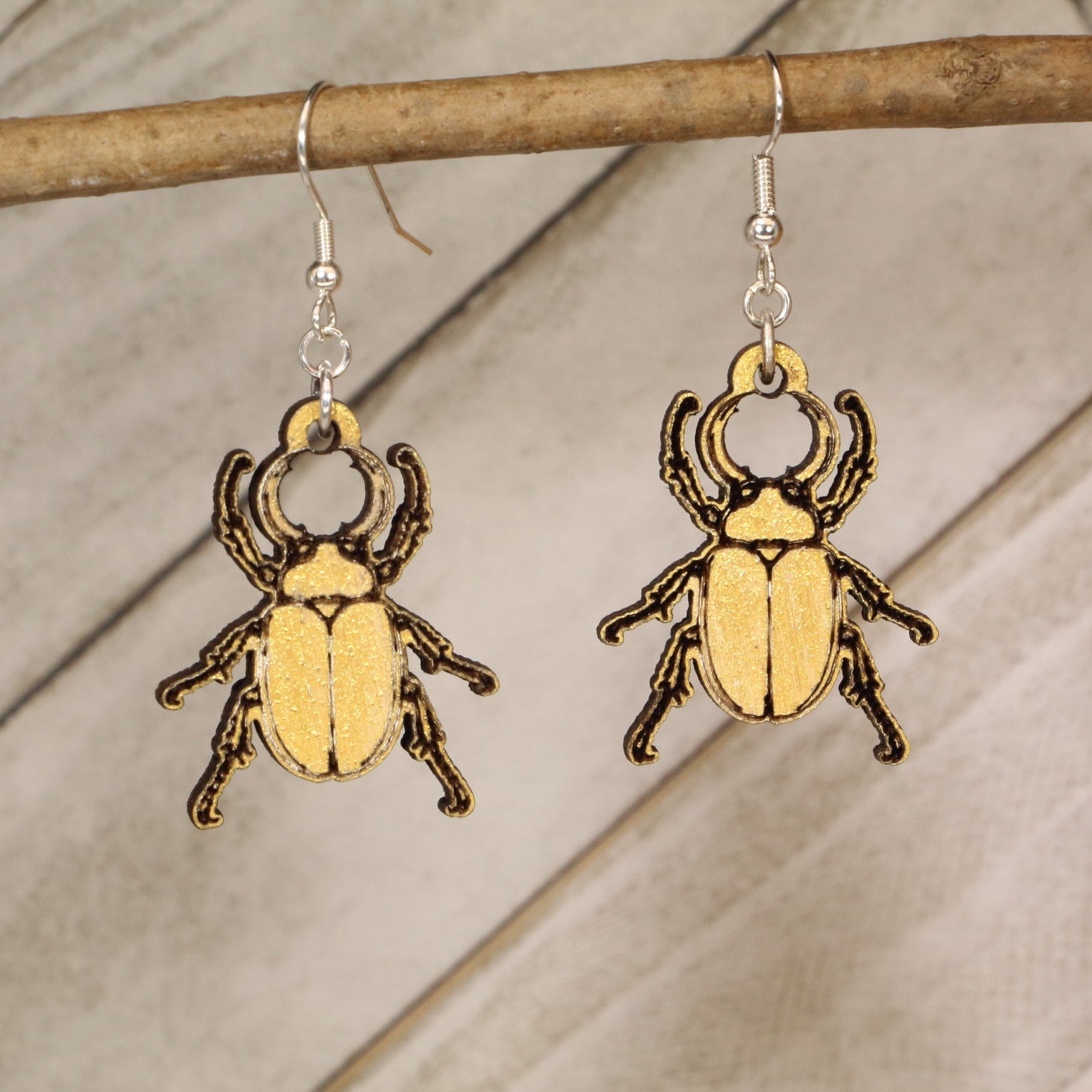 Scarab Beetle Wooden Dangle Earrings | Nature Insect Jewelry by Cate's Concepts, LLC