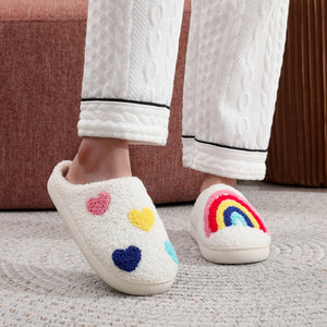 Women's Rainbow Heart Embroidered Plush Slippers — Soft Furry Indoor House Shoes by The Mississippi Mermaid Mercantile - view