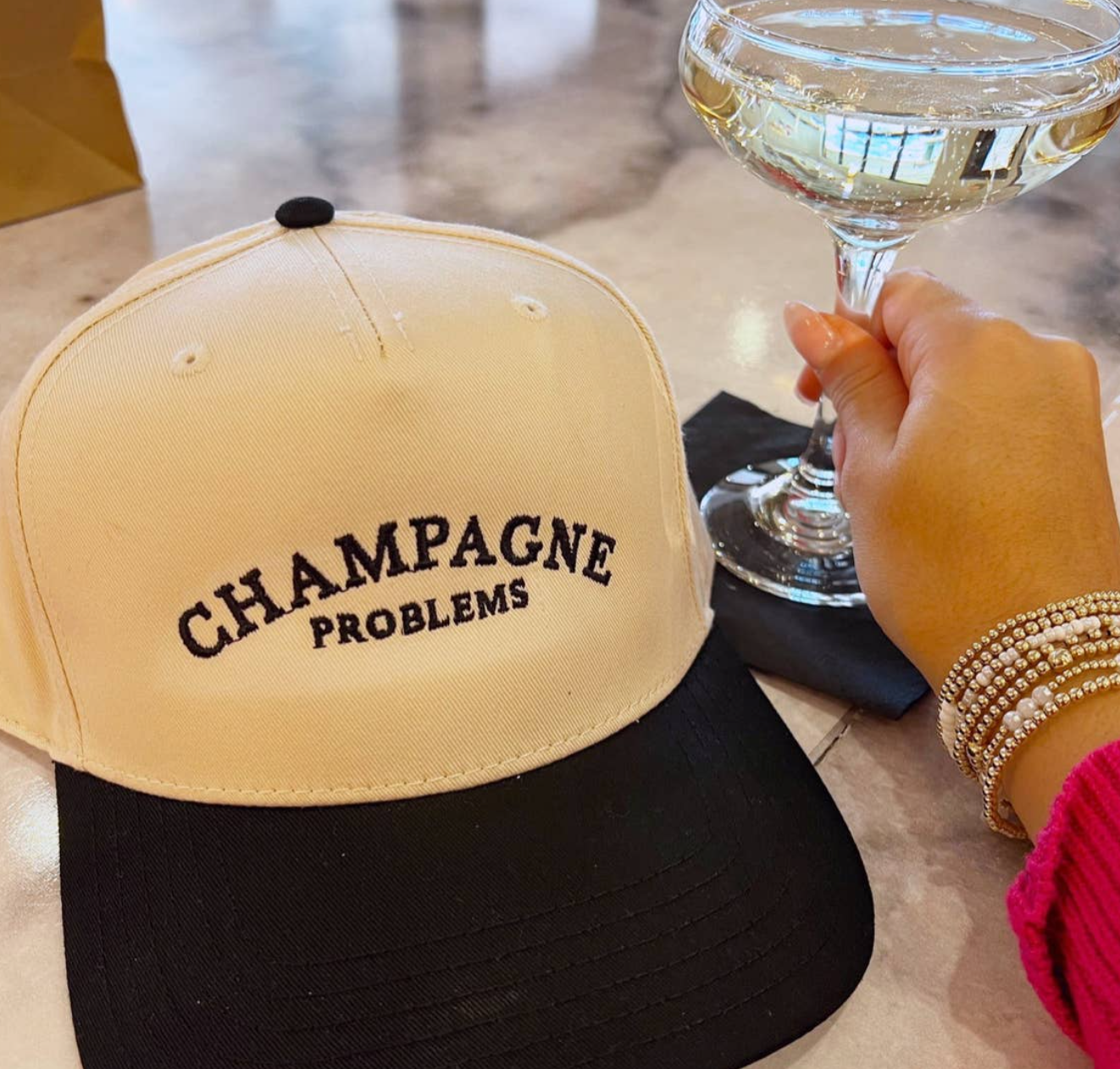 Champagne Problems - Black Vintage Trucker Hat by KenzKustomz, Southern lifestyle apparel detail photo 3