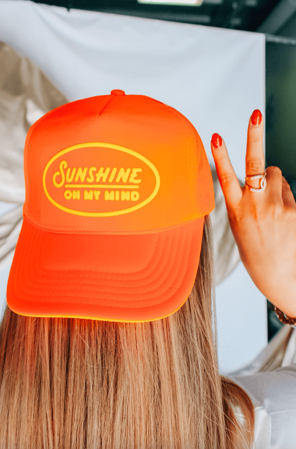 Sunshine On My Mind Orange Trucker Hat by Southern Bliss Company, Southern lifestyle apparel main product photo