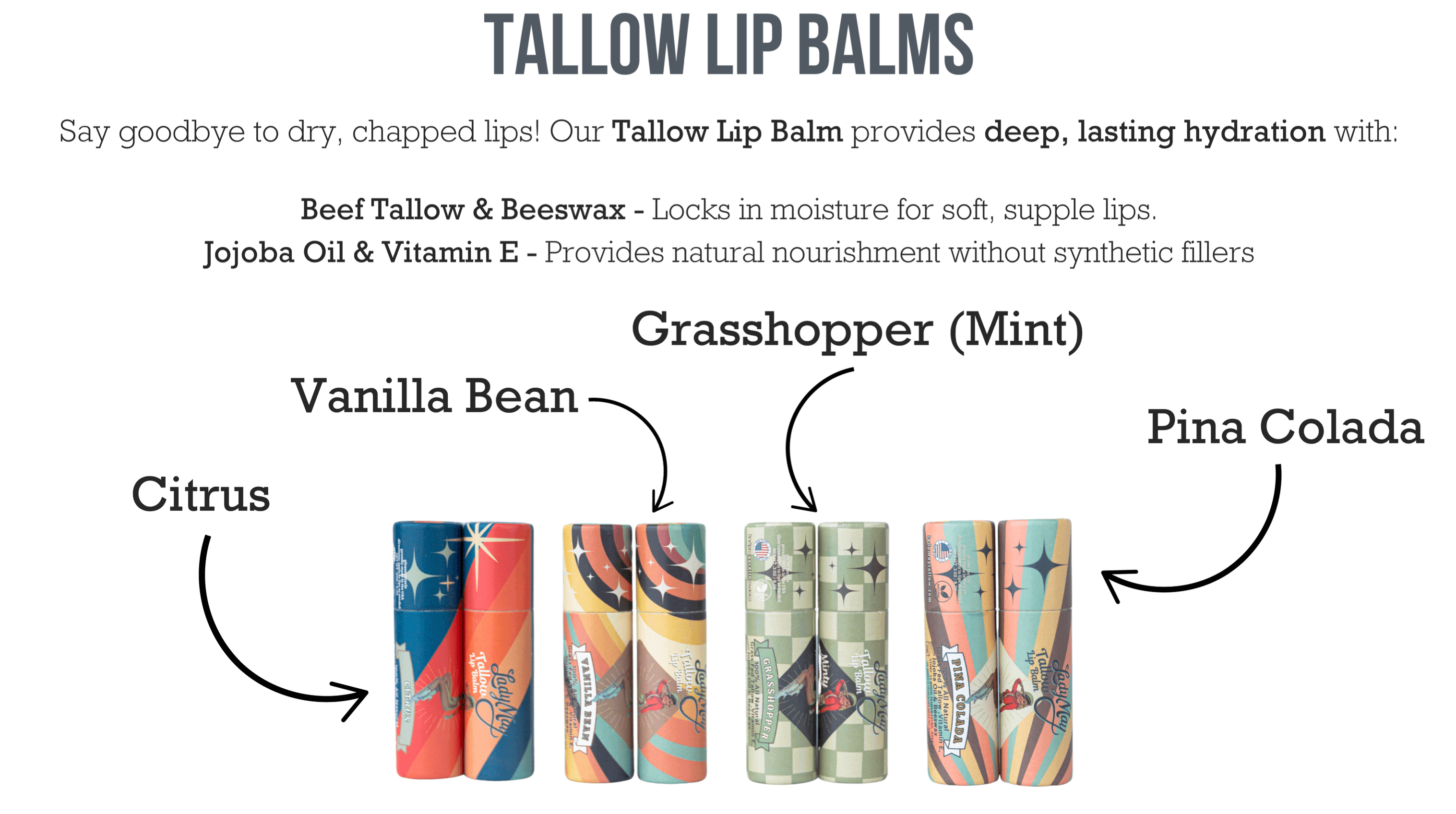 Tallow Lip Balm - CHOOSE A FLAVOR - Natural Beef Tallow Lip Moisturizer with Beeswax & Jojoba Oil by The Lady May, natural skincare detail photo 4