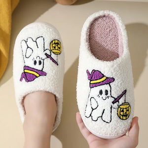 Halloween Ghost Witch Plush Slippers — Cozy Embroidered Indoor House Shoes by The Mississippi Mermaid Mercantile