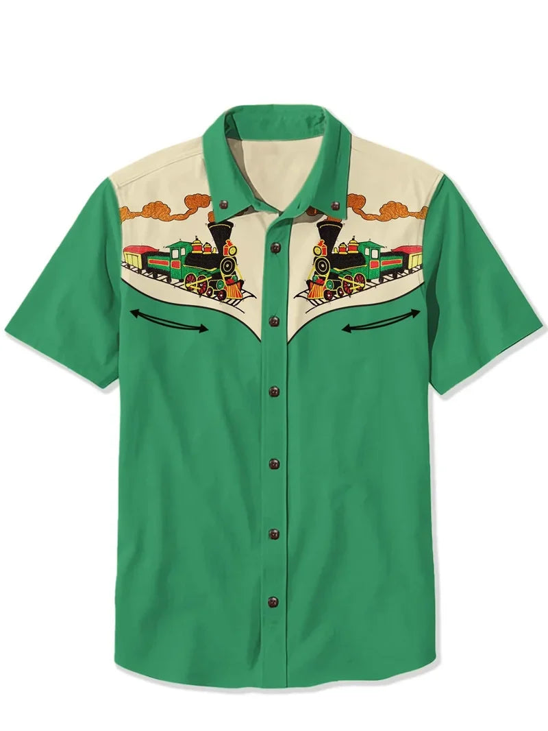Retro Rocket Moon Men's Shirt — Space Print Camp Collar Button-Down by The Mississippi Mermaid Mercantile - view 3
