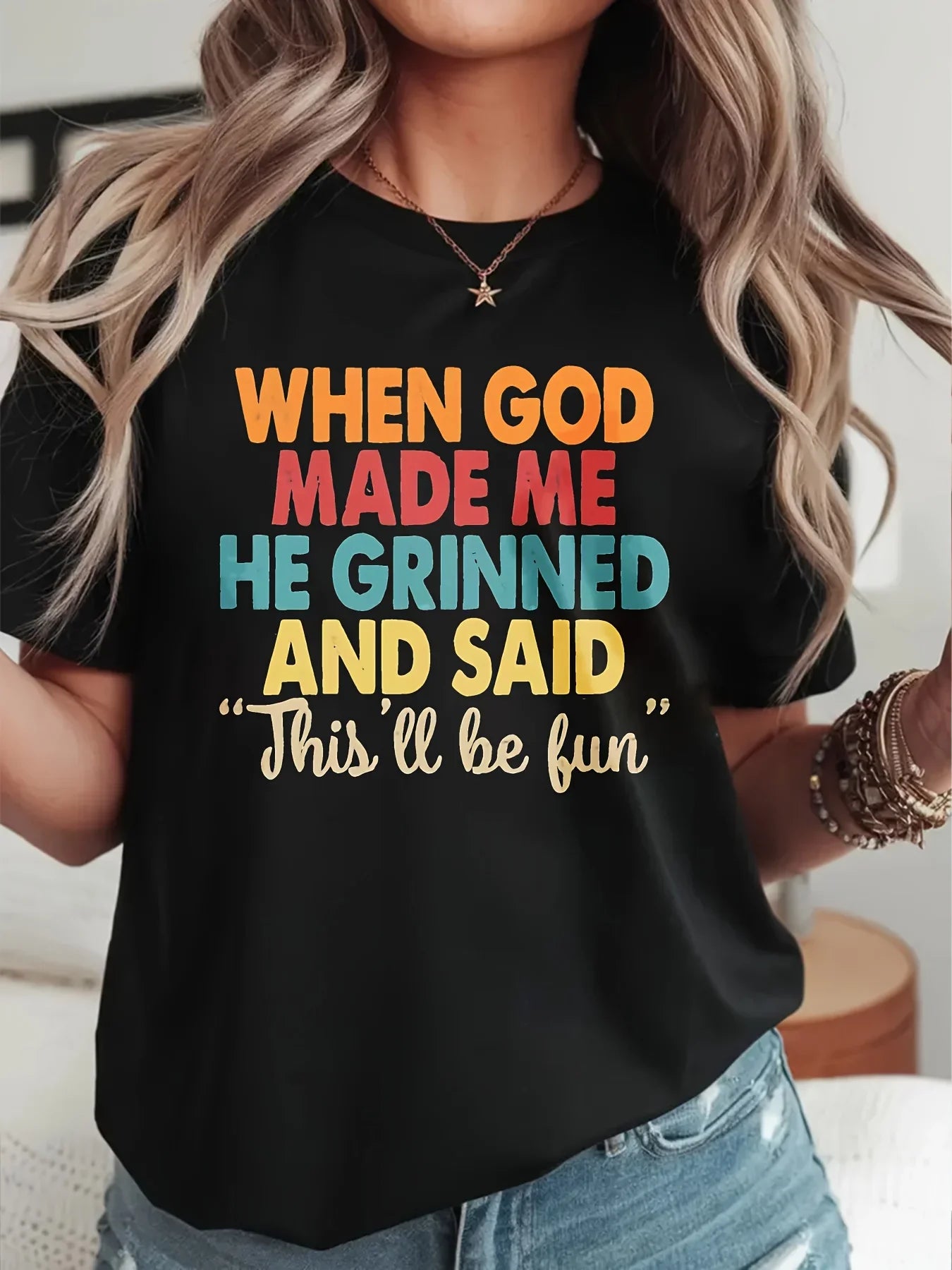 When God Made Me He Grinned Women's Tee, Funny Religious Quote Beige Top by The Mississippi Mermaid Mercantile - view 5
