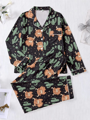 Highland Cow & Cactus Women's Pajama Set — Long Sleeve Top & Pants by The Mississippi Mermaid Mercantile