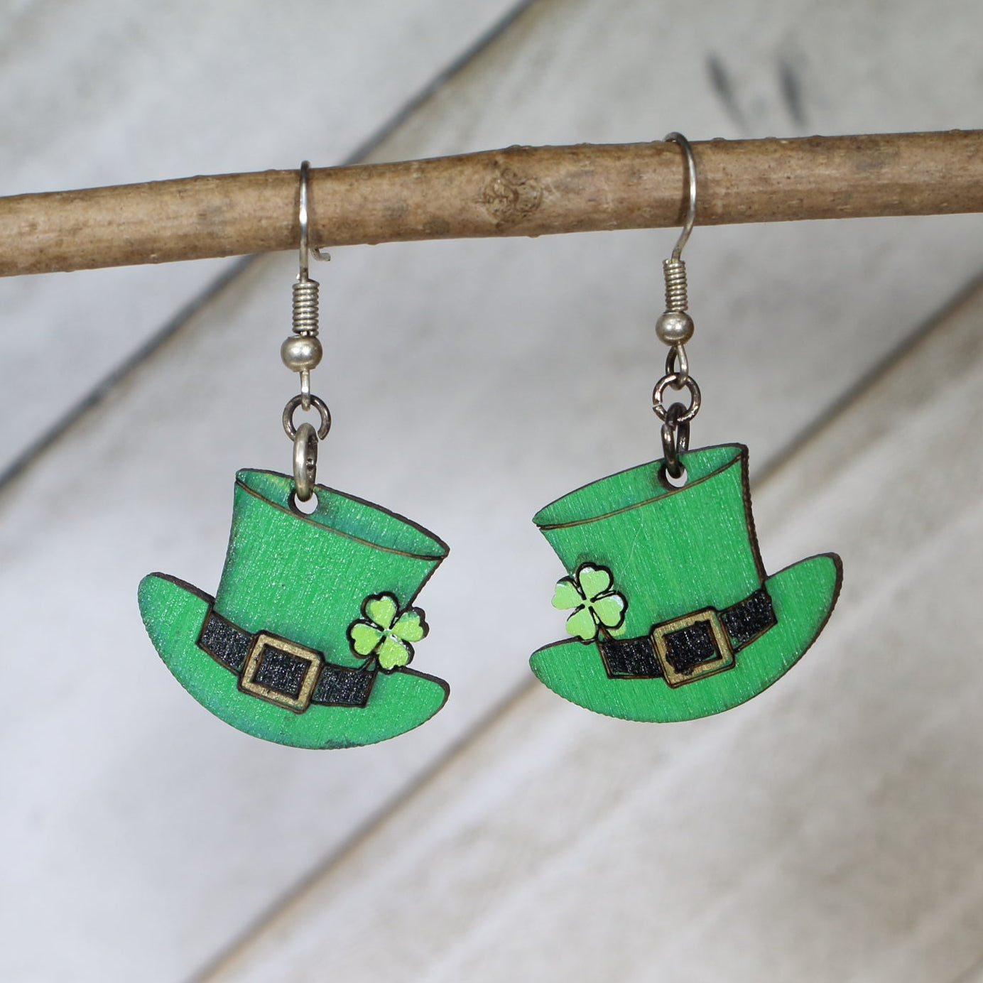 Shamrock Hat Wooden Dangle Earrings | St Patrick’s Day Jewelry