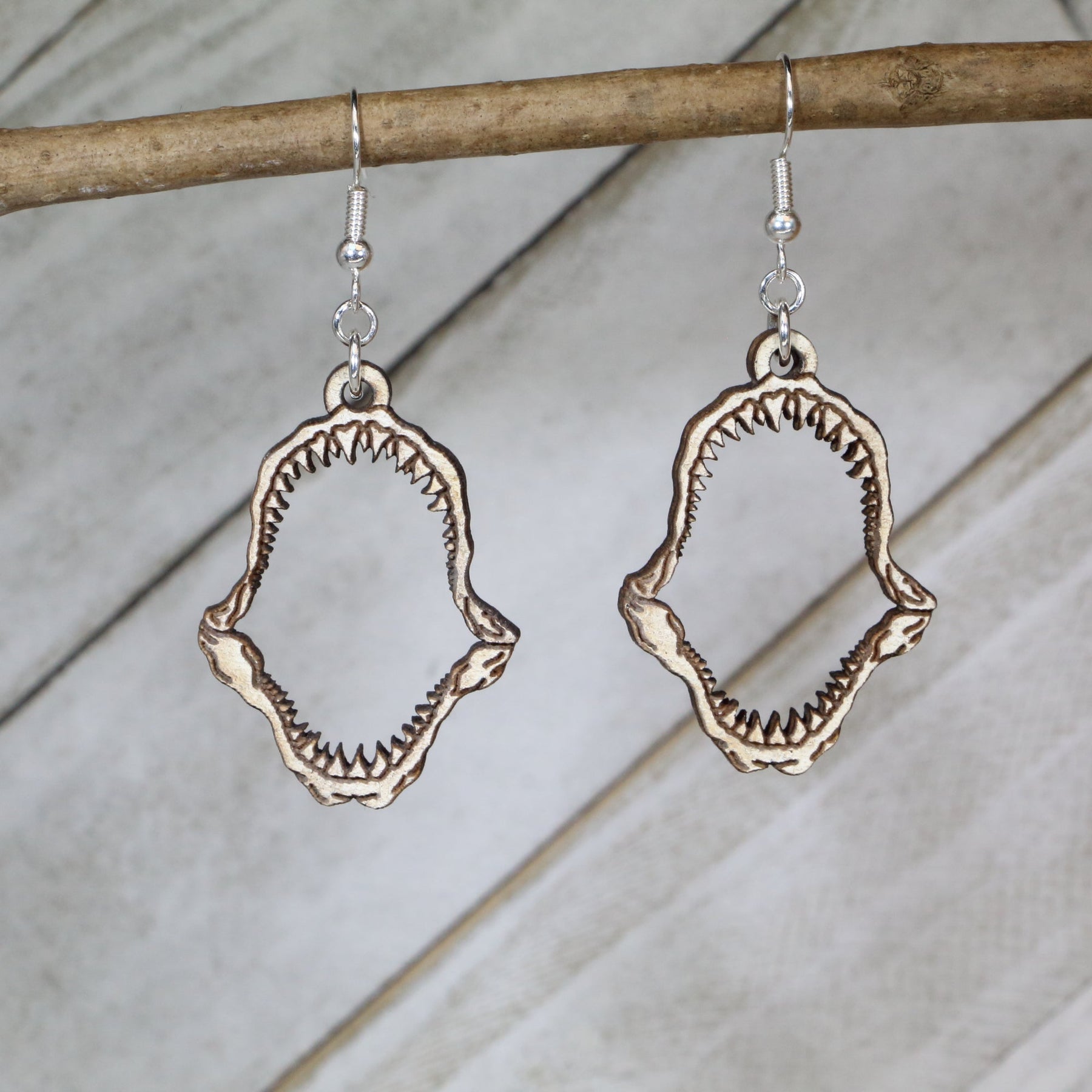 Shark Tooth Jaw Wooden Dangle Earrings | Ocean Predator Jewelry by Cate's Concepts, LLC, handmade jewelry main product photo