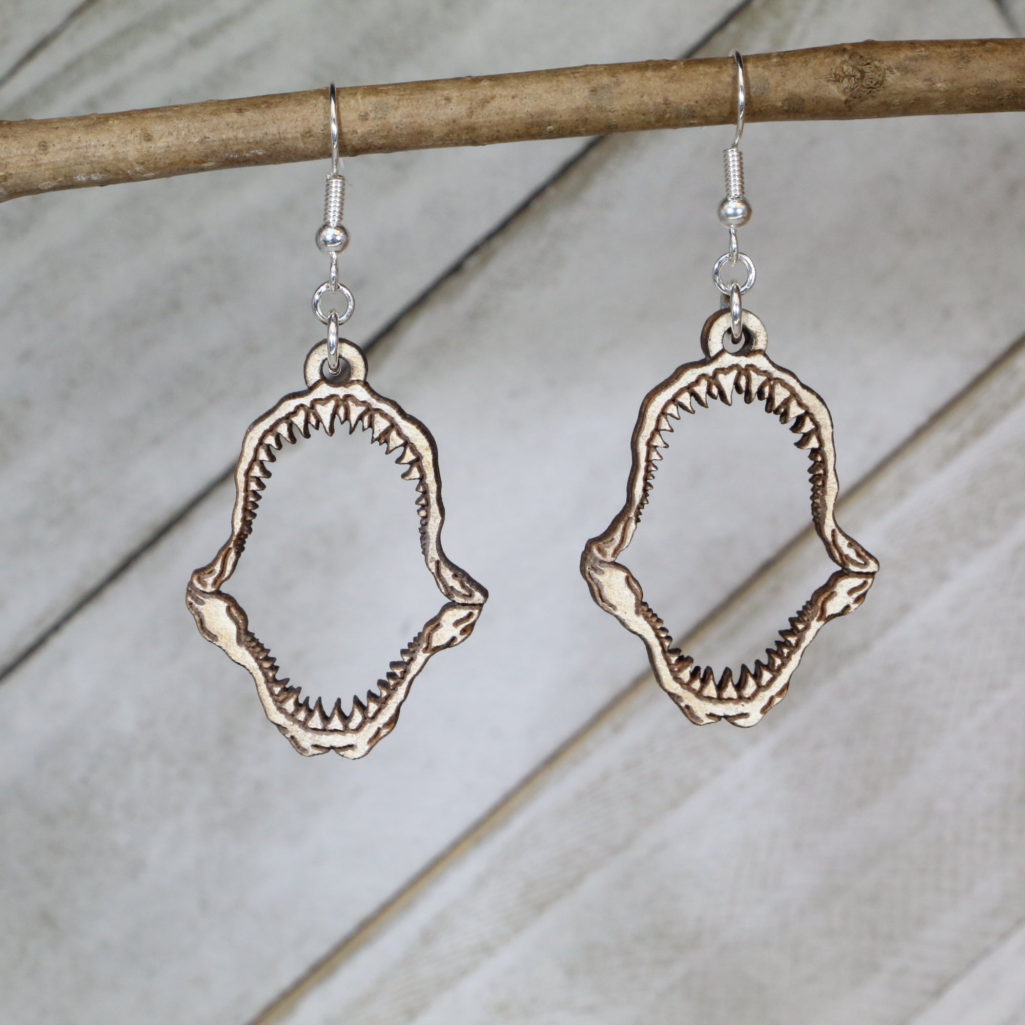 Shark Tooth Jaw Wooden Dangle Earrings | Ocean Predator Jewelry by Cate's Concepts, LLC, handmade jewelry main product photo