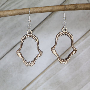 Shark Tooth Jaw Wooden Dangle Earrings | Ocean Predator Jewelry detail view by Cate's Concepts, LLC