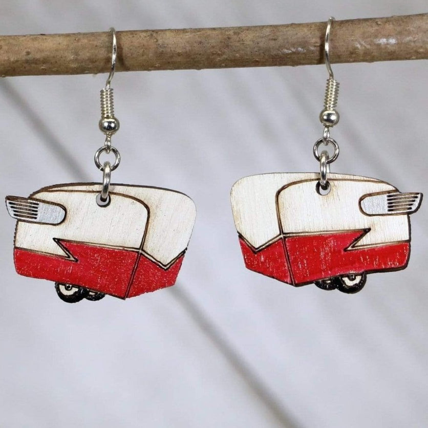 Shasta Camper Wooden Earrings | Retro Travel Trailer Jewelry detail view by Cate's Concepts, LLC