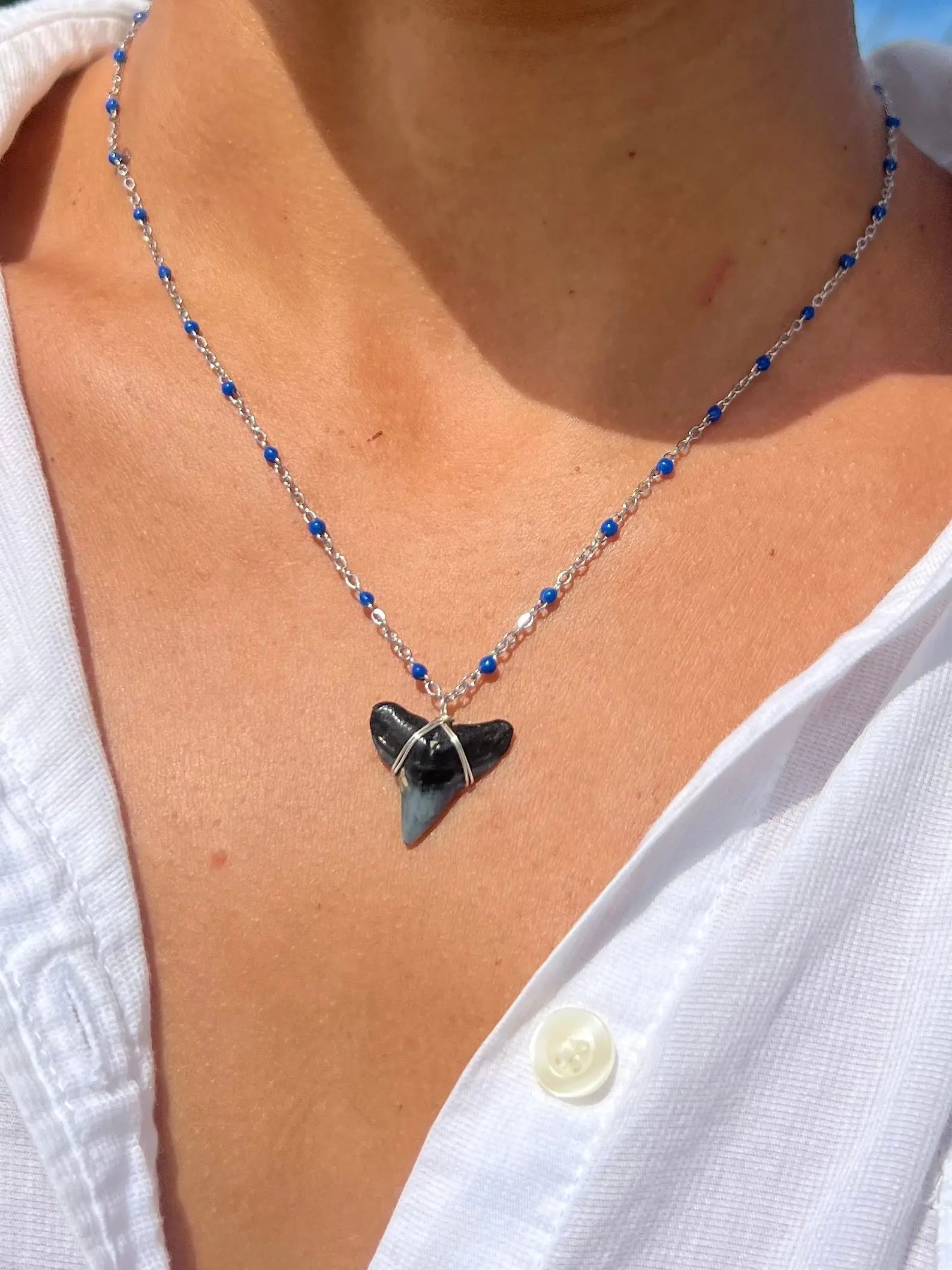 Silver Shark Tooth Necklace - Blue by HALT, handmade jewelry main product photo