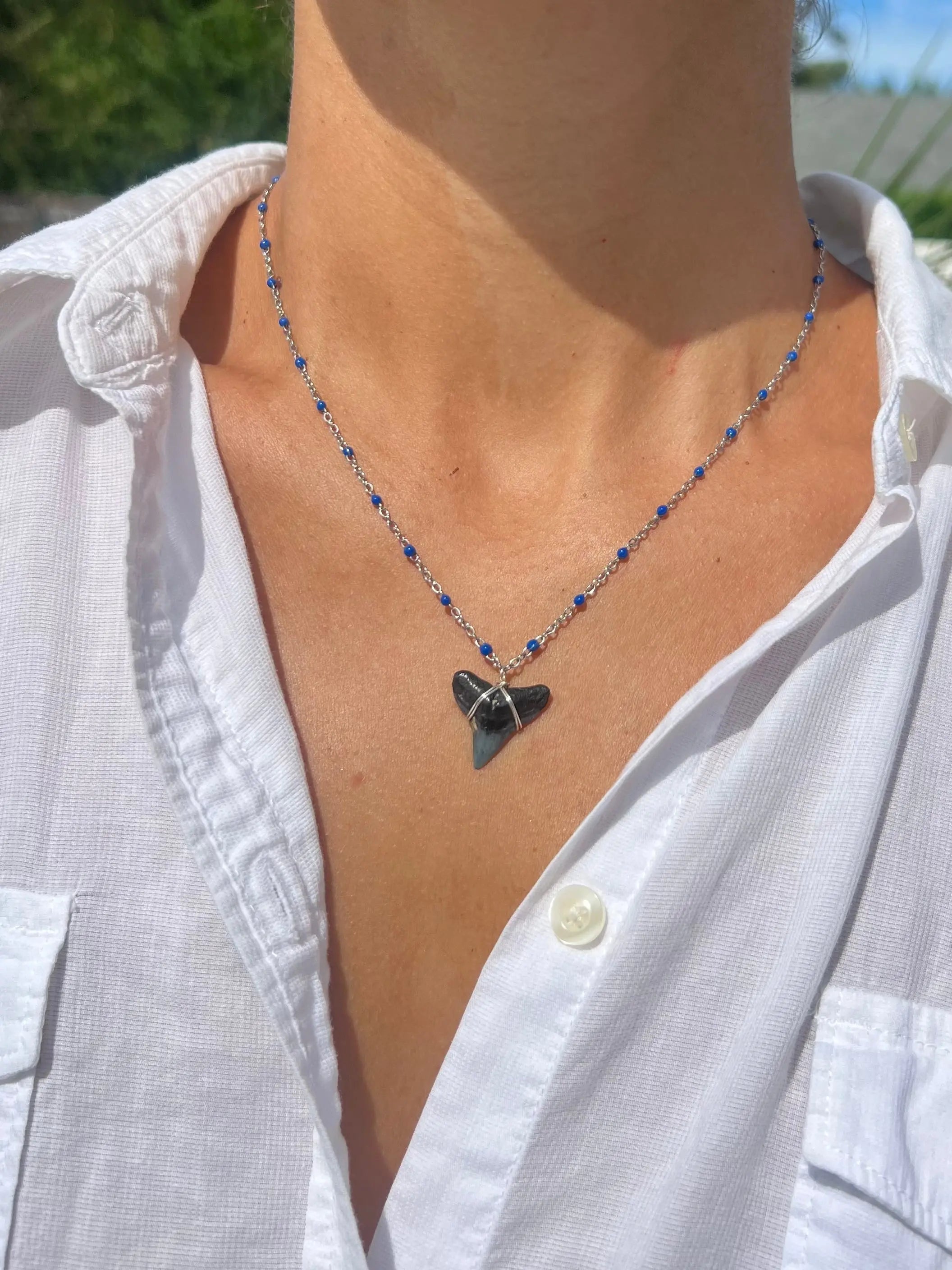 Silver Shark Tooth Necklace - Blue by HALT, handmade jewelry detail photo 2