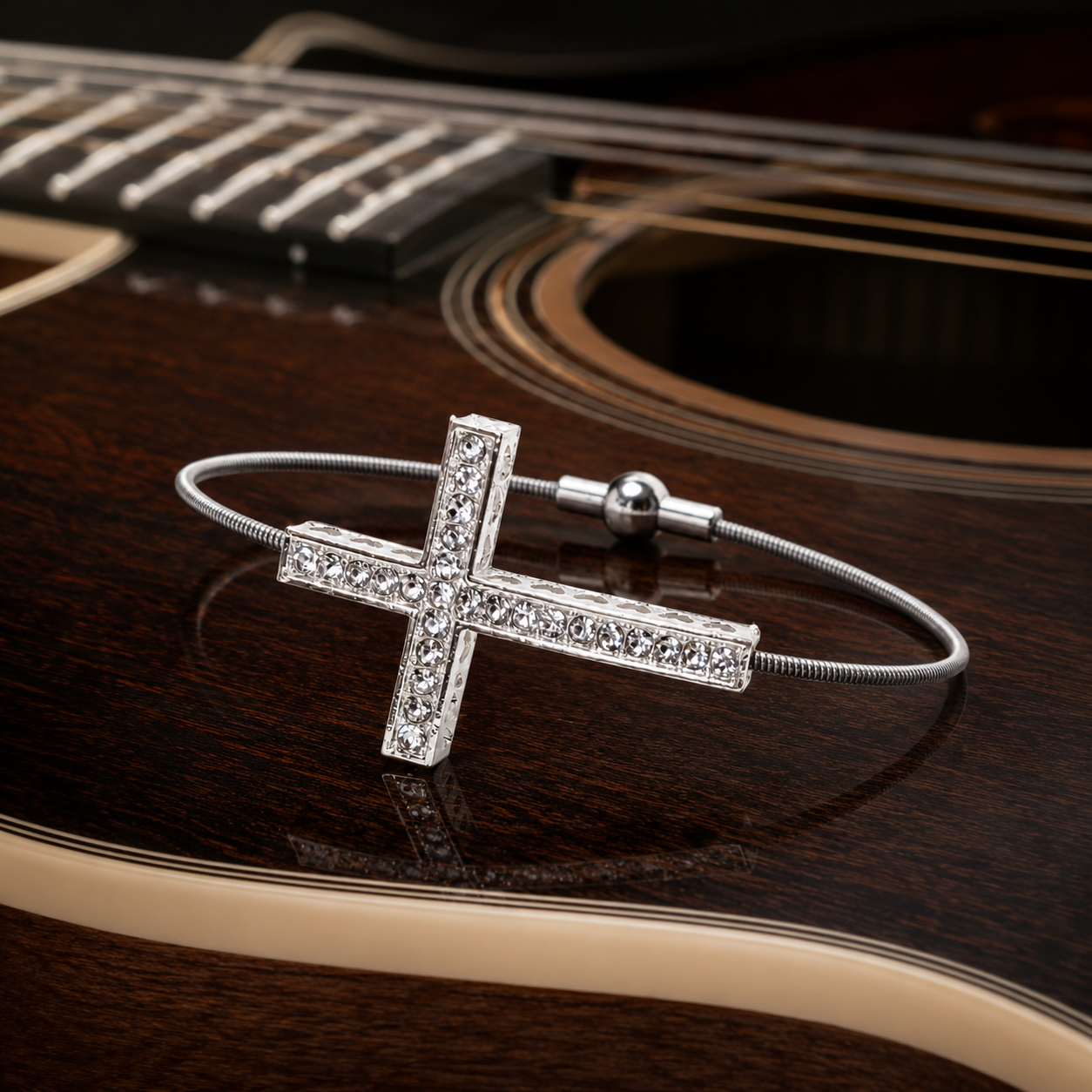 Silver Rhinestone Cross Guitar String Bracelet by N Harmony Jewelry, handmade jewelry detail photo 2