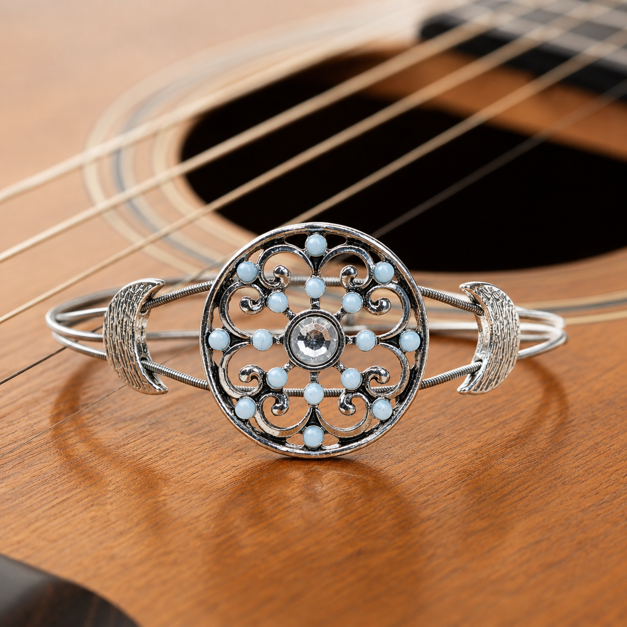 Light Blue and Silver Guitar String Bracelet by N Harmony Jewelry, handmade jewelry main product photo