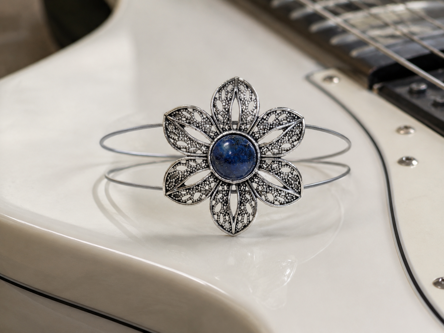 Lapis Flower Guitar String Bracelet by N Harmony Jewelry, handmade jewelry main product photo