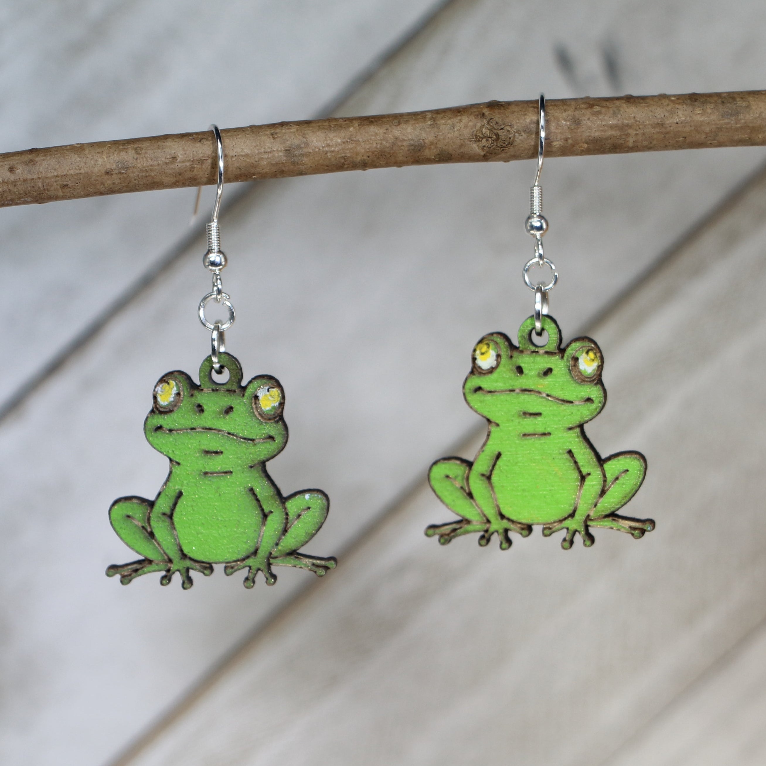 Sitting Frog Wooden Dangle Earrings | Cute Frog Jewelry detail view by Cate's Concepts, LLC