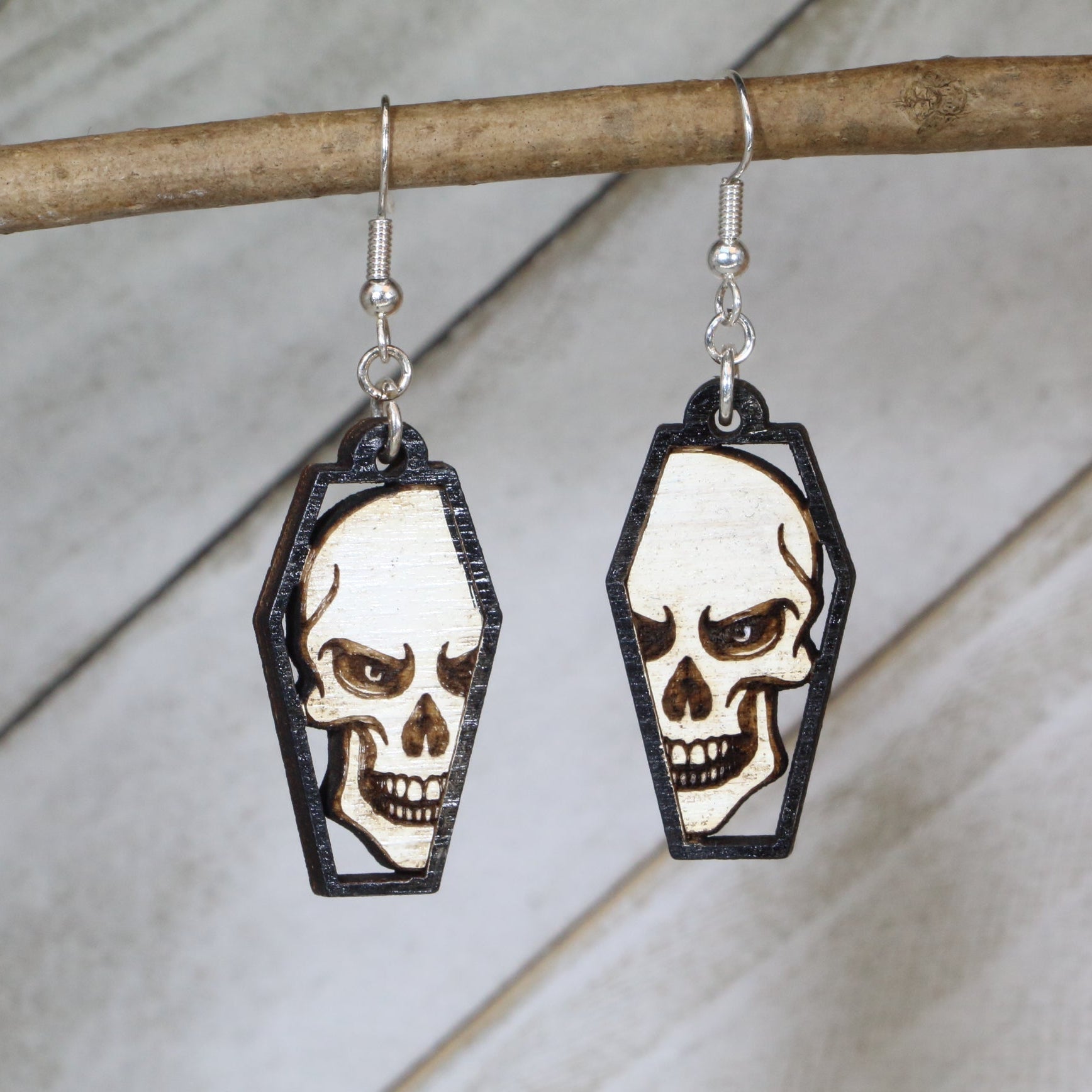 Skull Coffin Wooden Dangle Earrings | Gothic Halloween Jewelry by Cate's Concepts, LLC, handmade jewelry main product photo